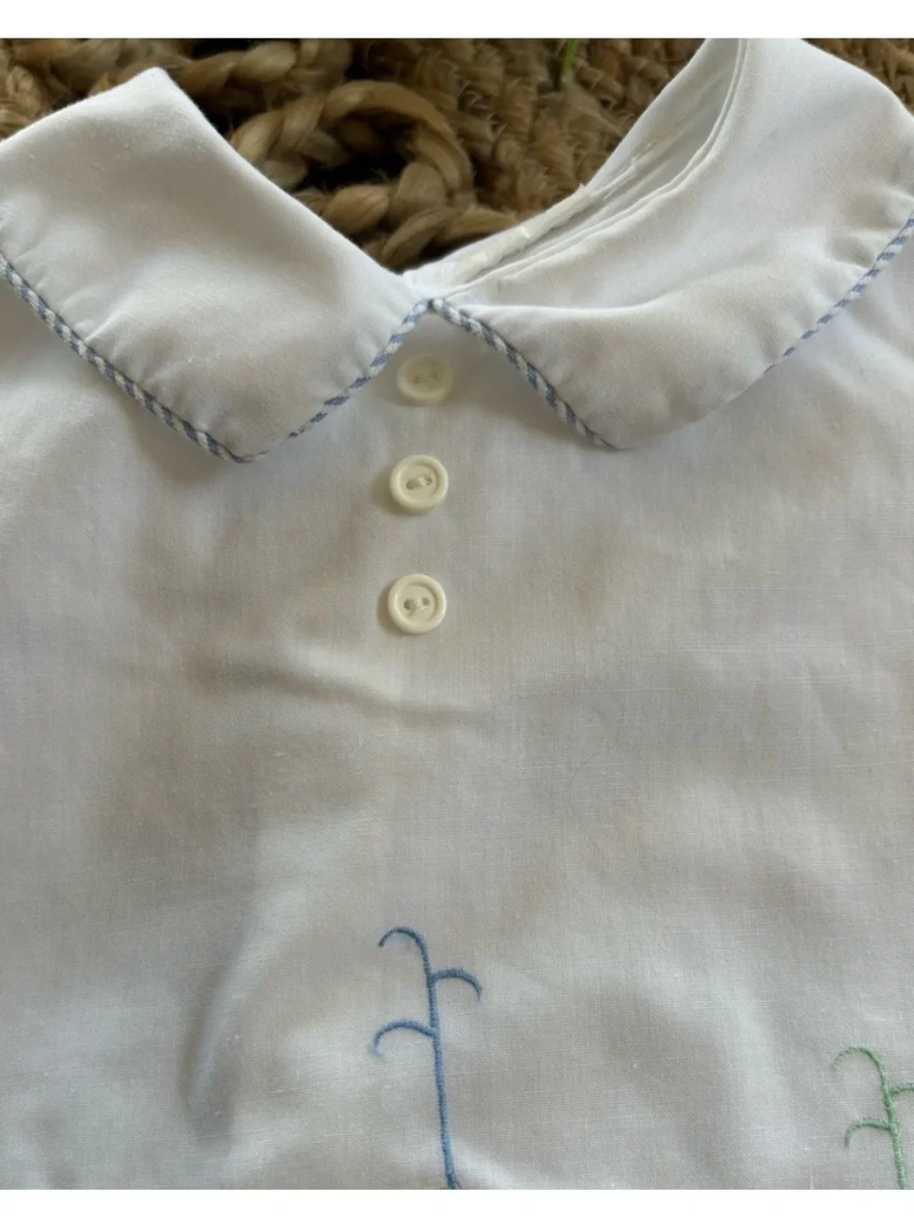 Vintage 1993 Seersucker Embroidered Whales 2 Piece Romper Set Blue Baby 6-9 M